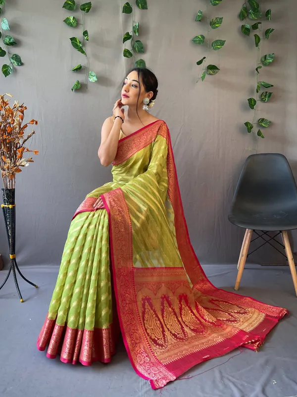 Parrot_Green_Pure_Organza_Weaved_Leheriya_Saree_With_Blouse_Piece_Attached